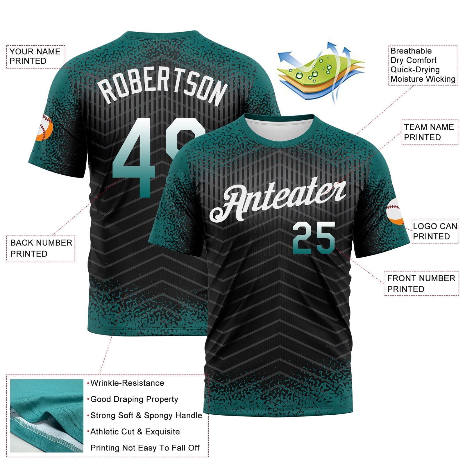 Custom Teal Black-White Gradient Speckle Geometric Sportswear Performance T-Shirt view 2