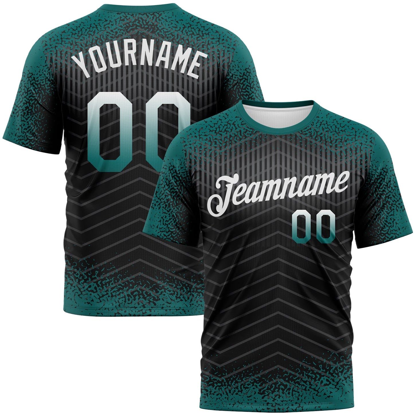 Custom Teal Black-White Gradient Speckle Geometric Sportswear Performance T-Shirt - Main View