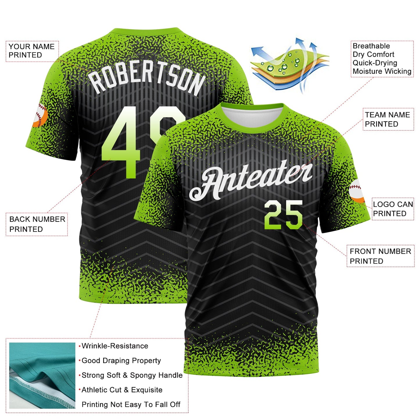 Custom Neon Green Black-White Gradient Speckle Geometric Sportswear Performance T-Shirt view 2