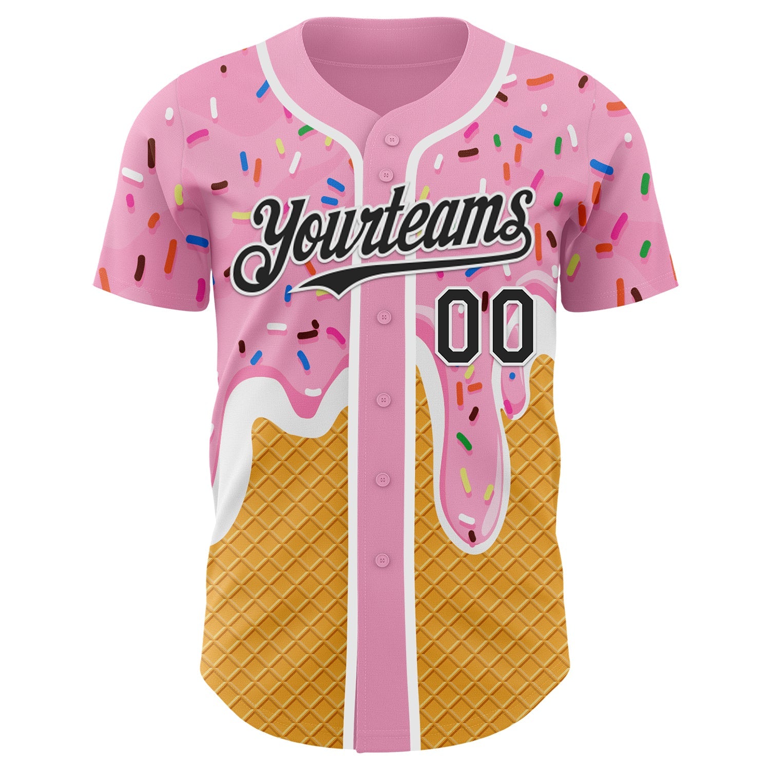 Custom Light Pink Black Yellow-White Foodie Food Dessert Melting Cream Waffle Grid Authentic Baseball Jersey view 2