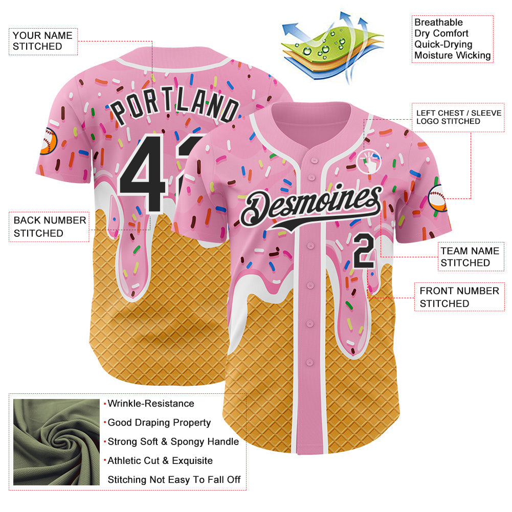 Custom Light Pink Black Yellow-White Foodie Food Dessert Melting Cream Waffle Grid Authentic Baseball Jersey view 3