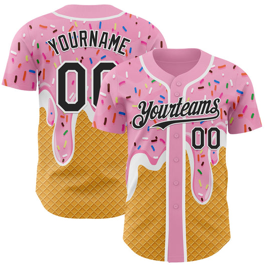 Custom Light Pink Black Yellow-White Foodie Food Dessert Melting Cream Waffle Grid Authentic Baseball Jersey - Main View