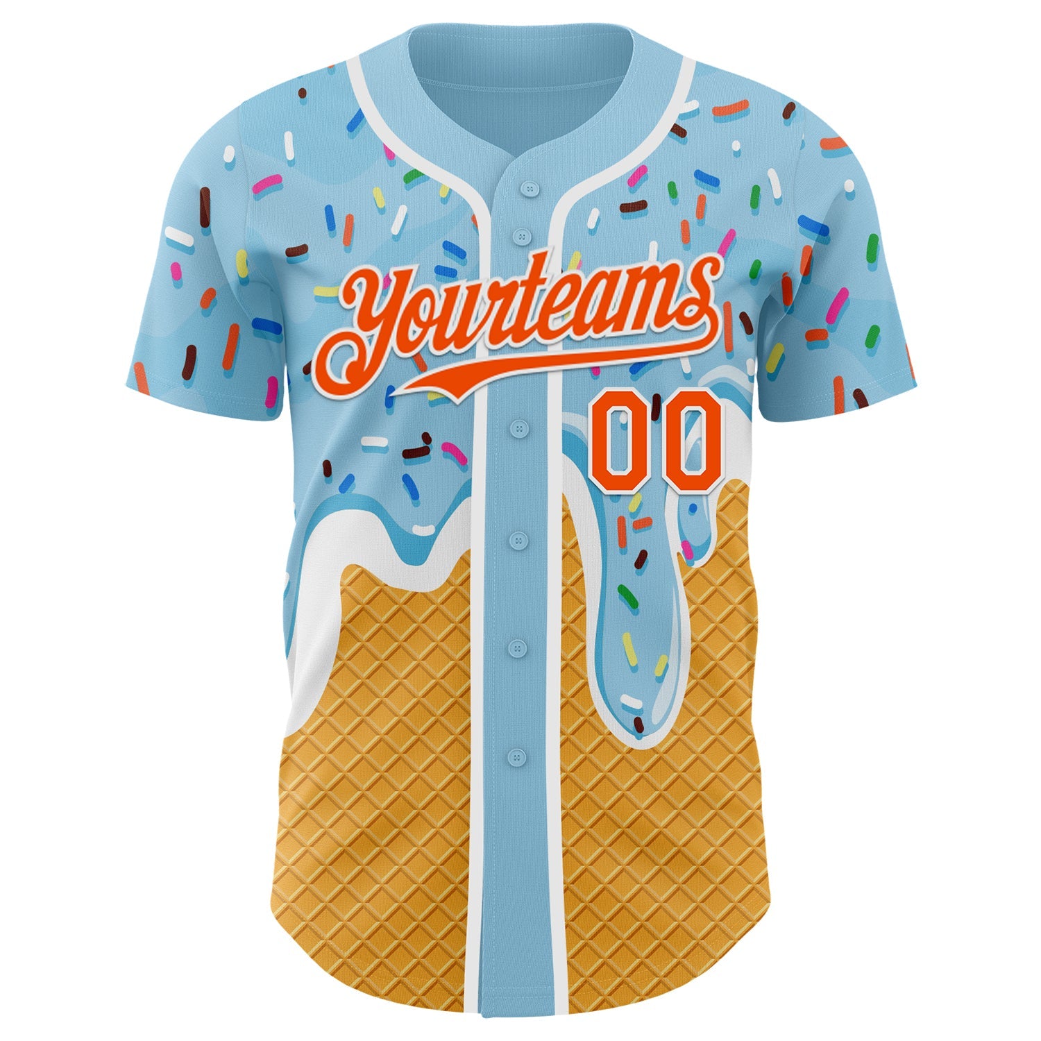 Custom Electric Blue Orange Yellow-White Foodie Food Dessert Melting Cream Waffle Grid Authentic Baseball Jersey view 2