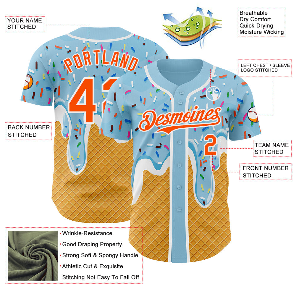 Custom Electric Blue Orange Yellow-White Foodie Food Dessert Melting Cream Waffle Grid Authentic Baseball Jersey view 3