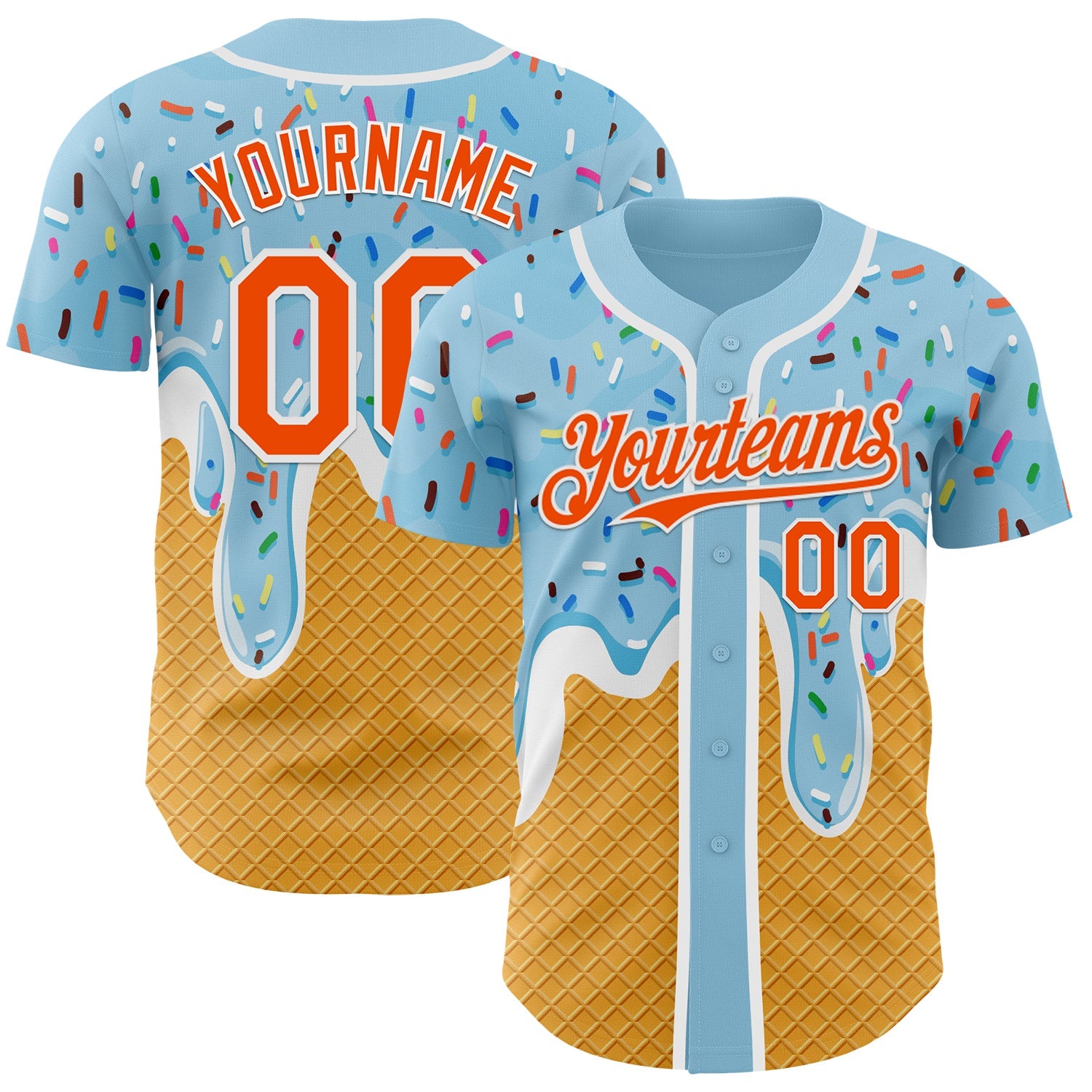 Custom Electric Blue Orange Yellow-White Foodie Food Dessert Melting Cream Waffle Grid Authentic Baseball Jersey - Main View