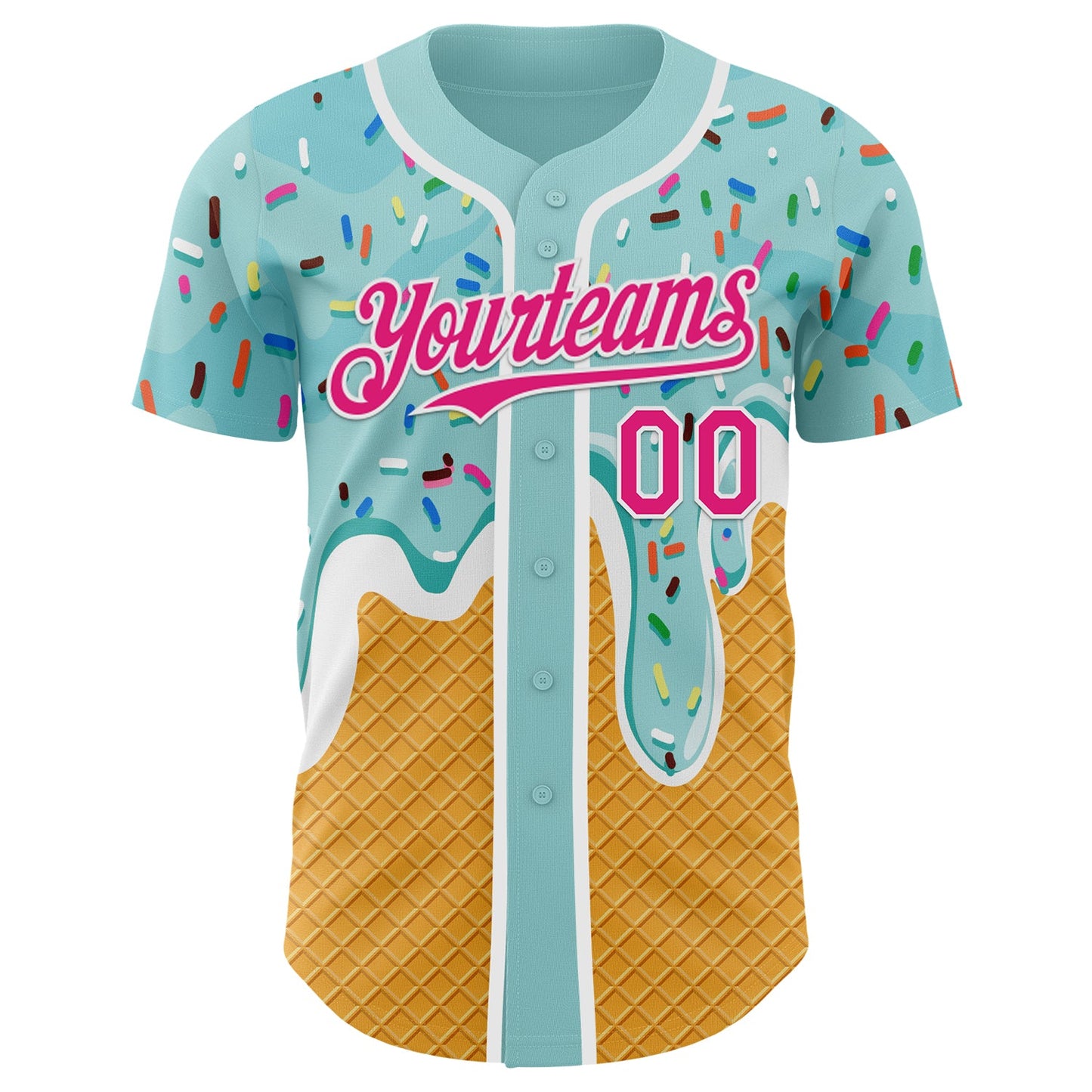 Custom Ice Blue Hot Pink Yellow-White Foodie Food Dessert Melting Cream Waffle Grid Authentic Baseball Jersey view 2