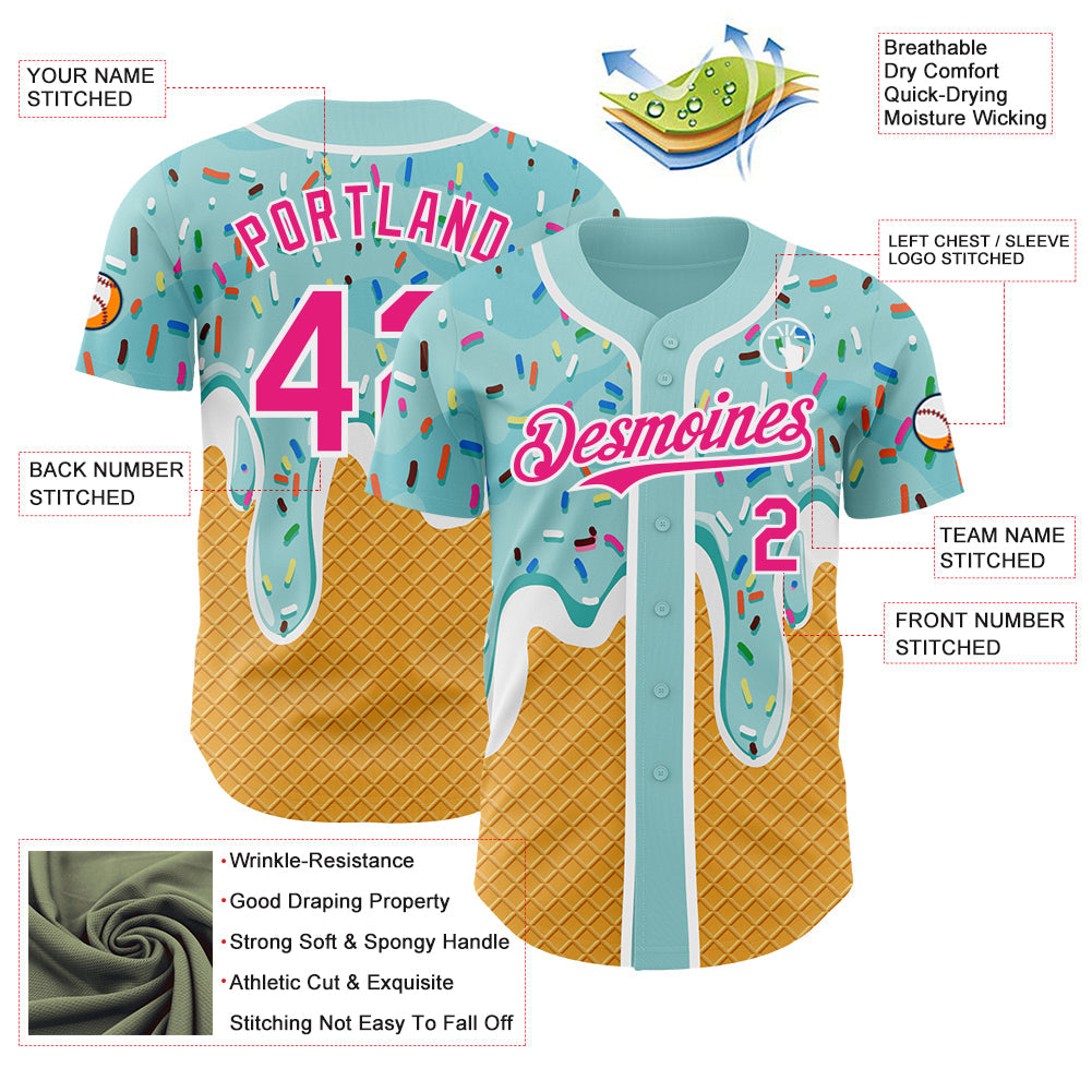 Custom Ice Blue Hot Pink Yellow-White Foodie Food Dessert Melting Cream Waffle Grid Authentic Baseball Jersey view 3