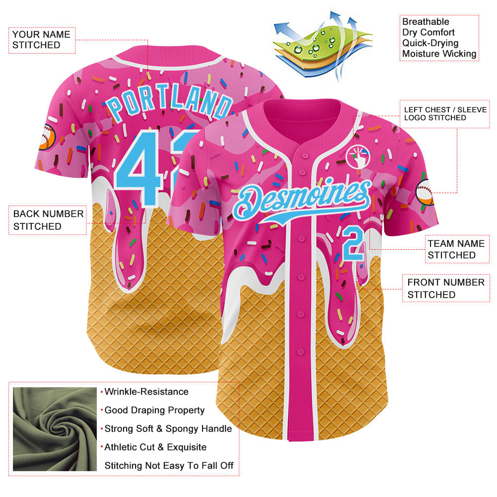 Custom Pink Sky Blue Yellow-White Foodie Food Dessert Melting Cream Waffle Grid Authentic Baseball Jersey view 3