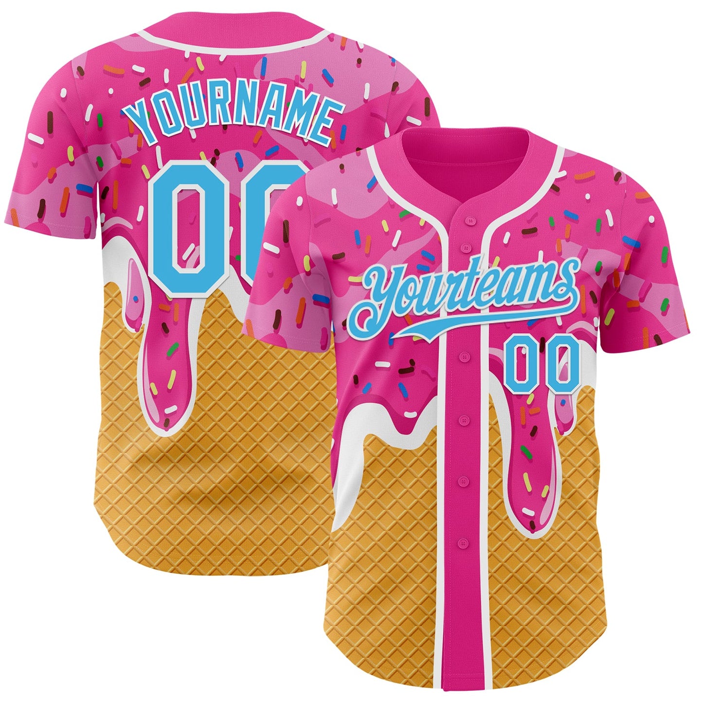 Custom Pink Sky Blue Yellow-White Foodie Food Dessert Melting Cream Waffle Grid Authentic Baseball Jersey - Main View