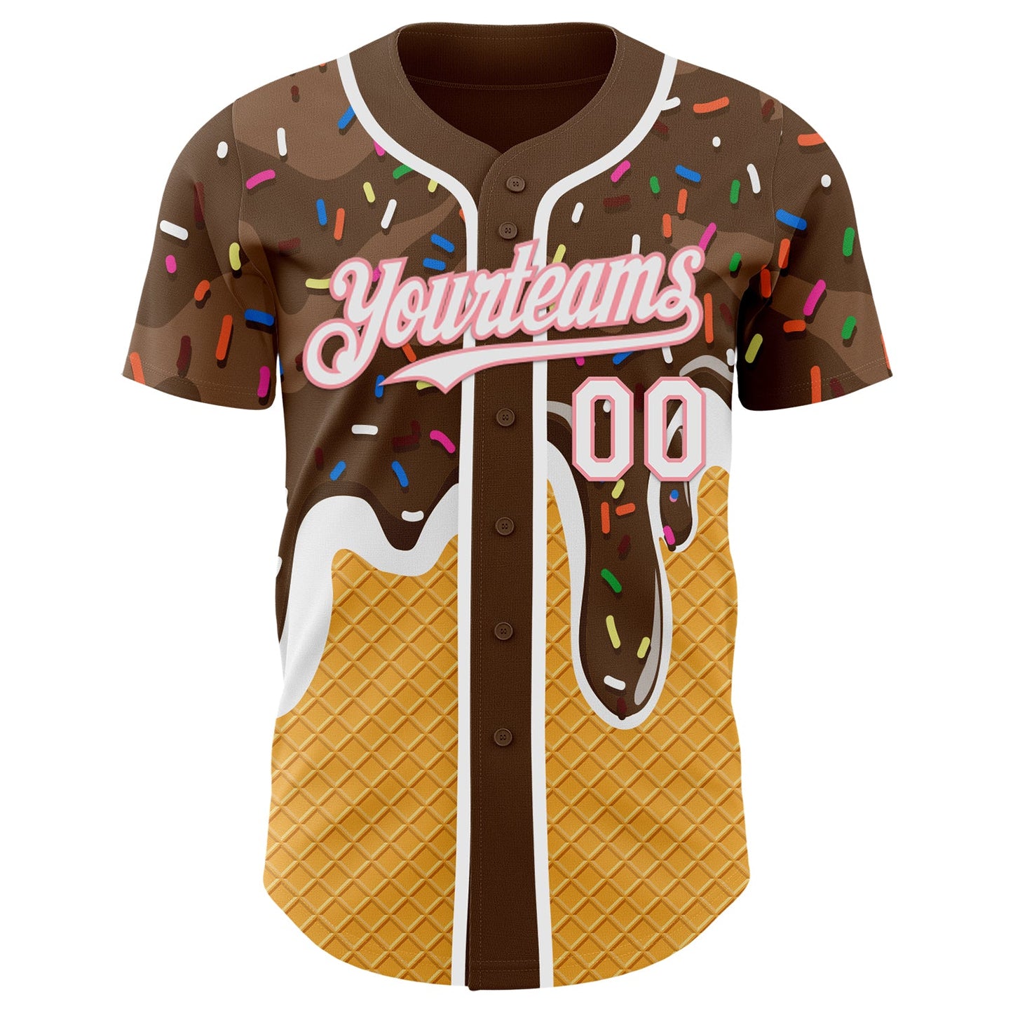 Custom Brown White Yellow-Medium Pink Foodie Food Dessert Melting Cream Waffle Grid Authentic Baseball Jersey view 2