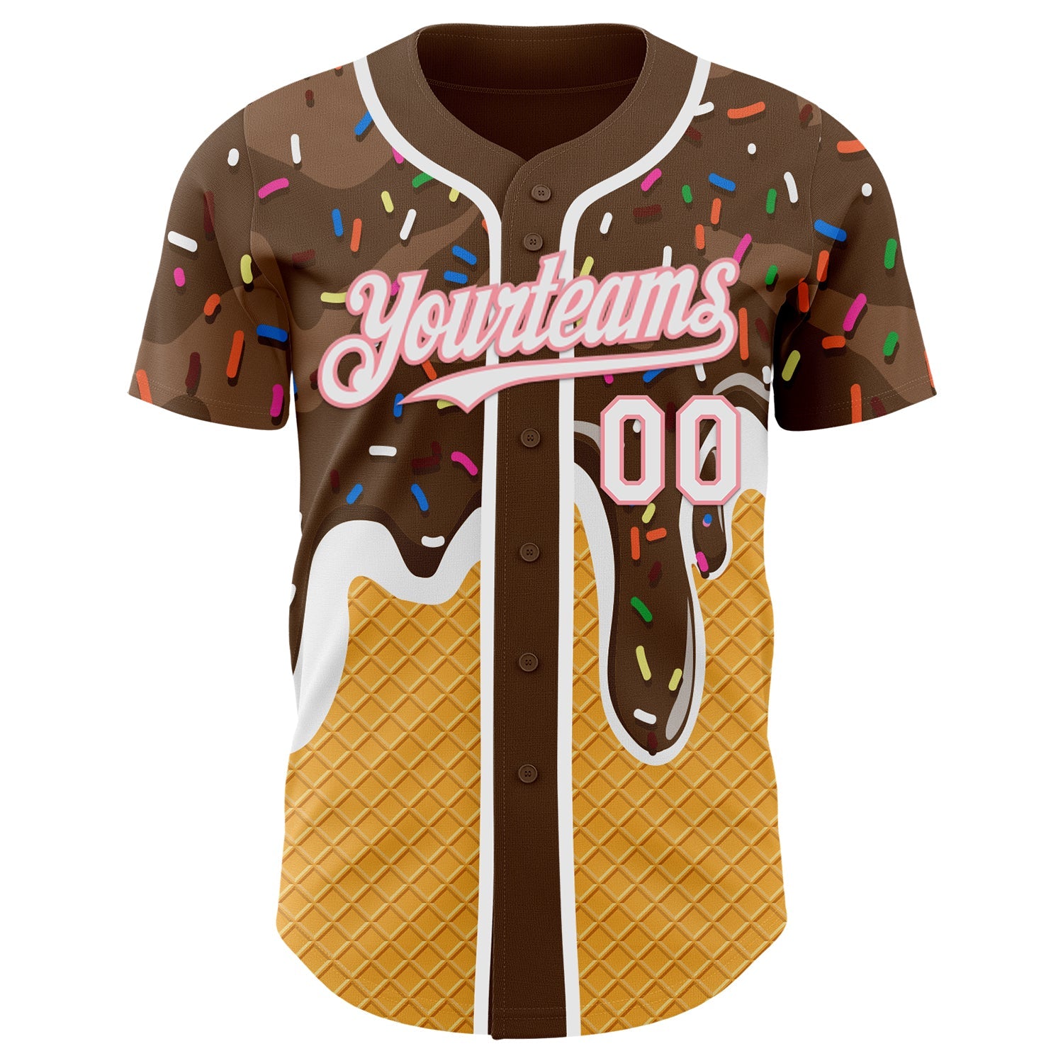 Custom Brown White Yellow-Medium Pink Foodie Food Dessert Melting Cream Waffle Grid Authentic Baseball Jersey view 2
