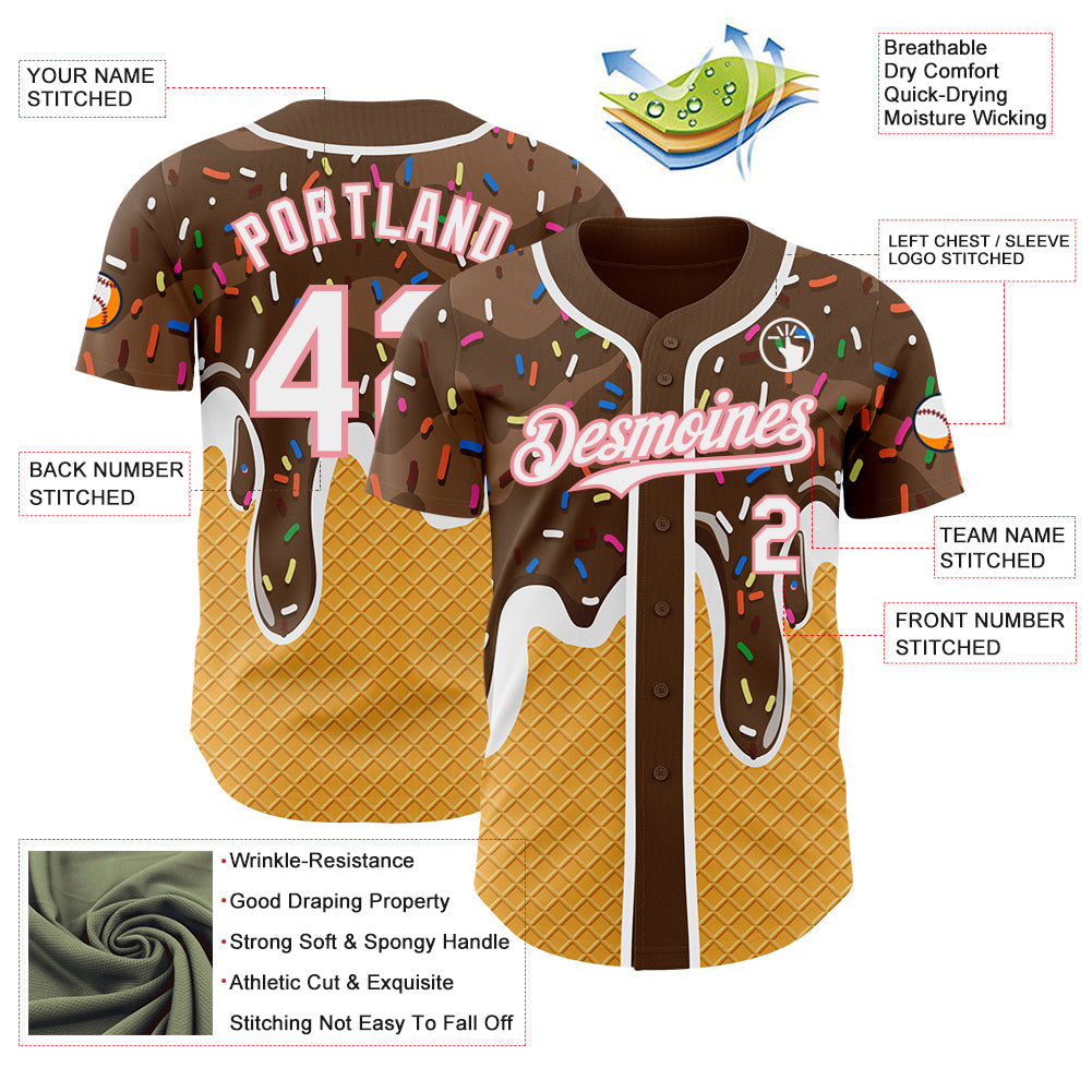 Custom Brown White Yellow-Medium Pink Foodie Food Dessert Melting Cream Waffle Grid Authentic Baseball Jersey view 3