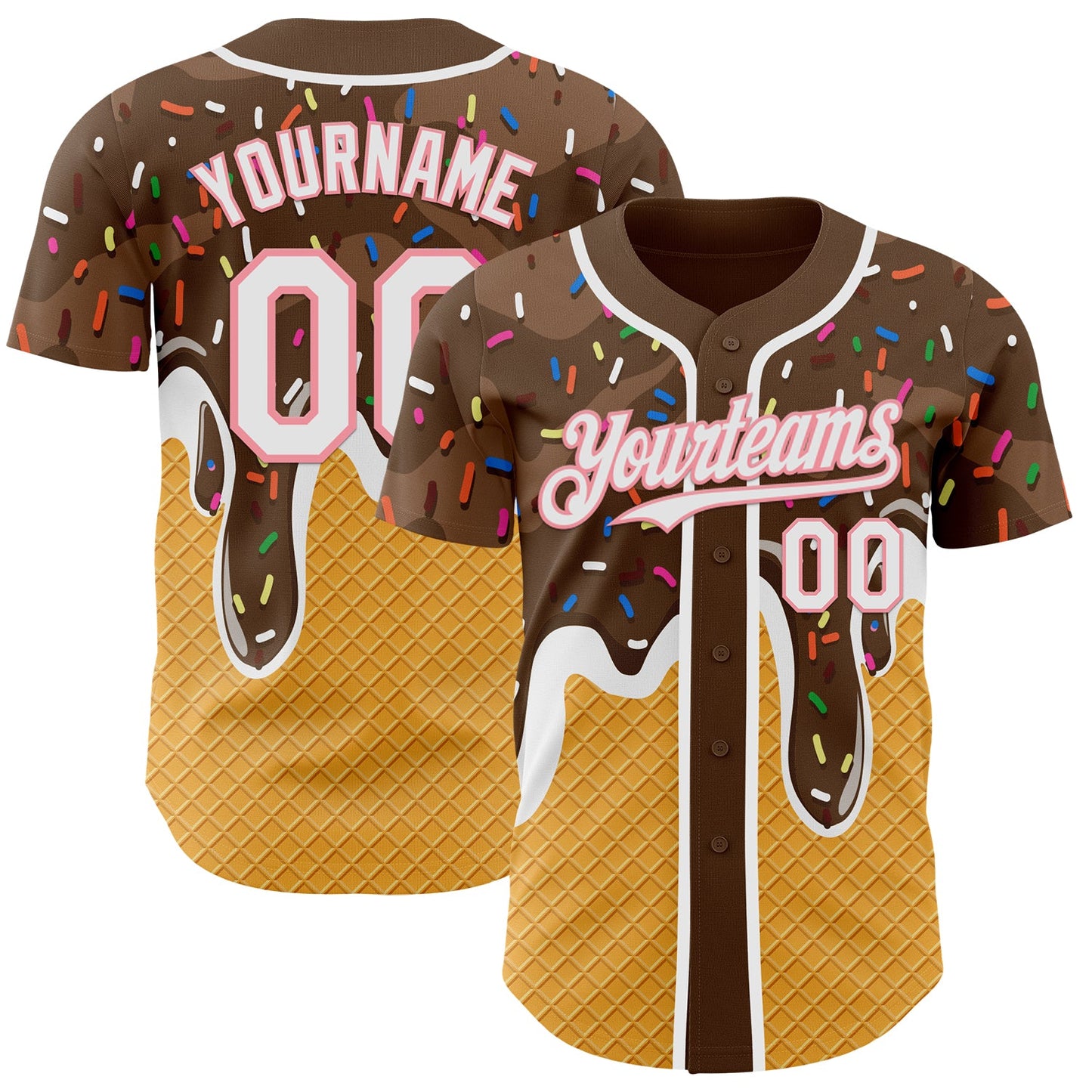 Custom Brown White Yellow-Medium Pink Foodie Food Dessert Melting Cream Waffle Grid Authentic Baseball Jersey - Main View