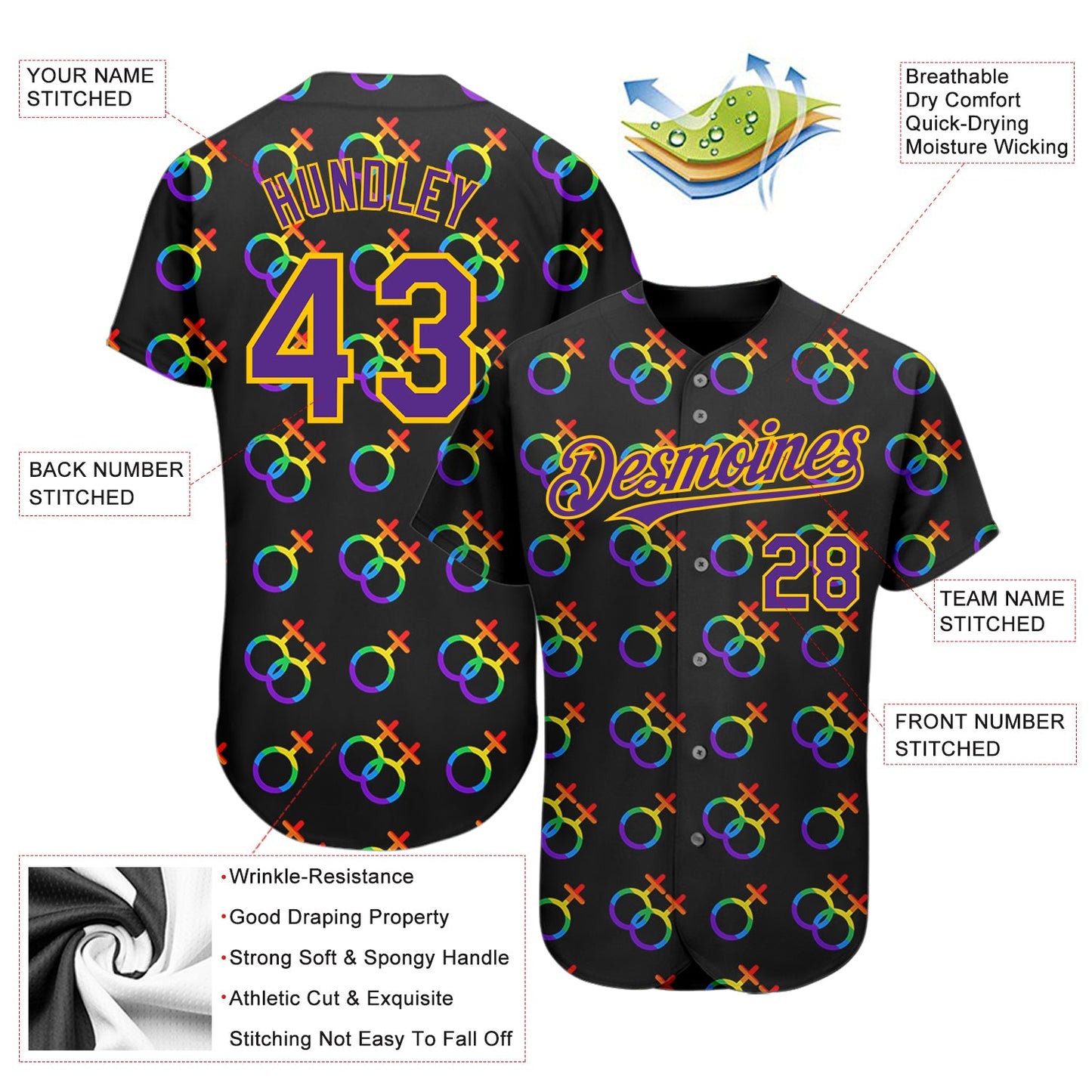 Custom Rainbow For Pride Month Love Is Love LGBT 3D Authentic Baseball Jersey view 3