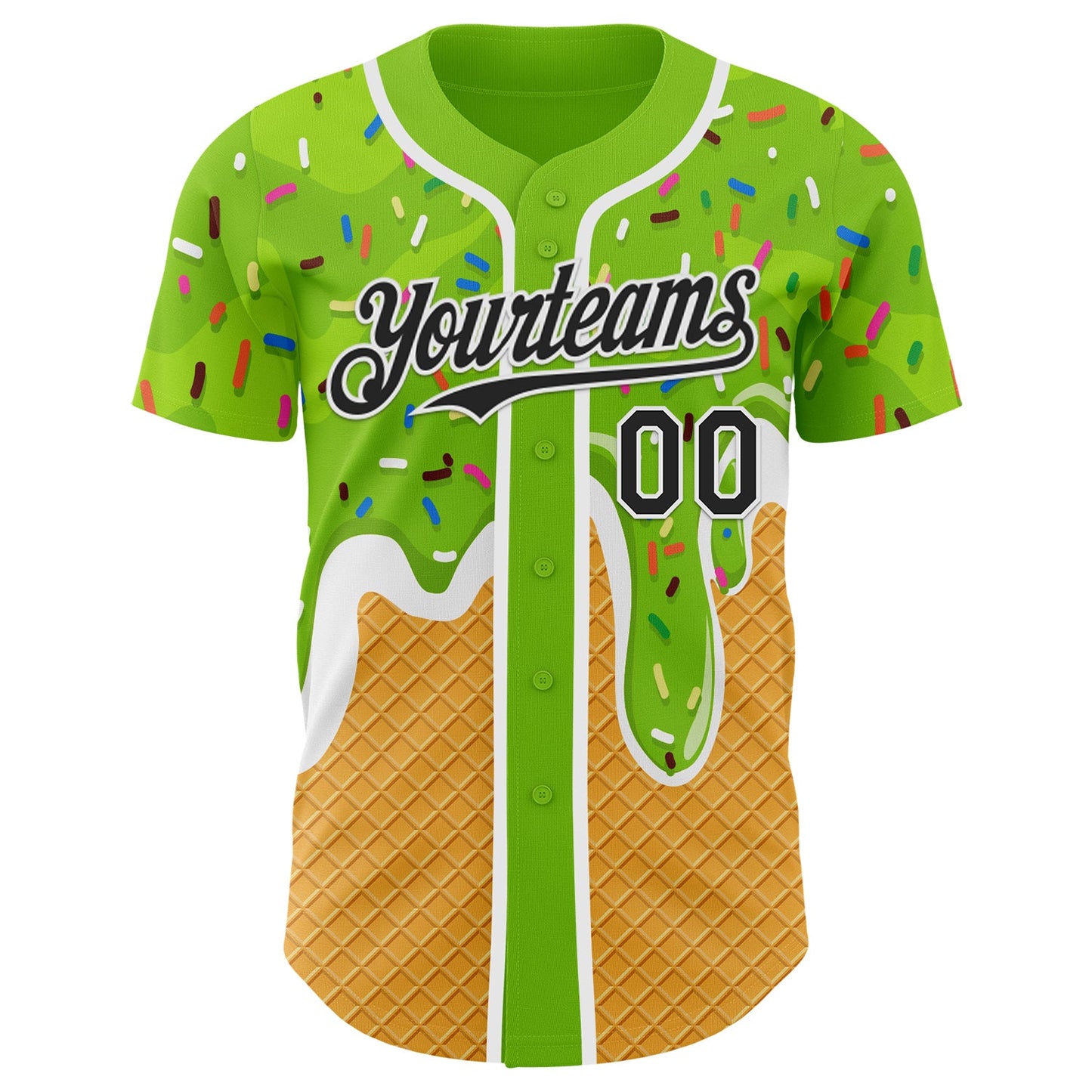 Custom Neon Green Black Yellow-White Foodie Food Dessert Melting Cream Waffle Grid Authentic Baseball Jersey view 2