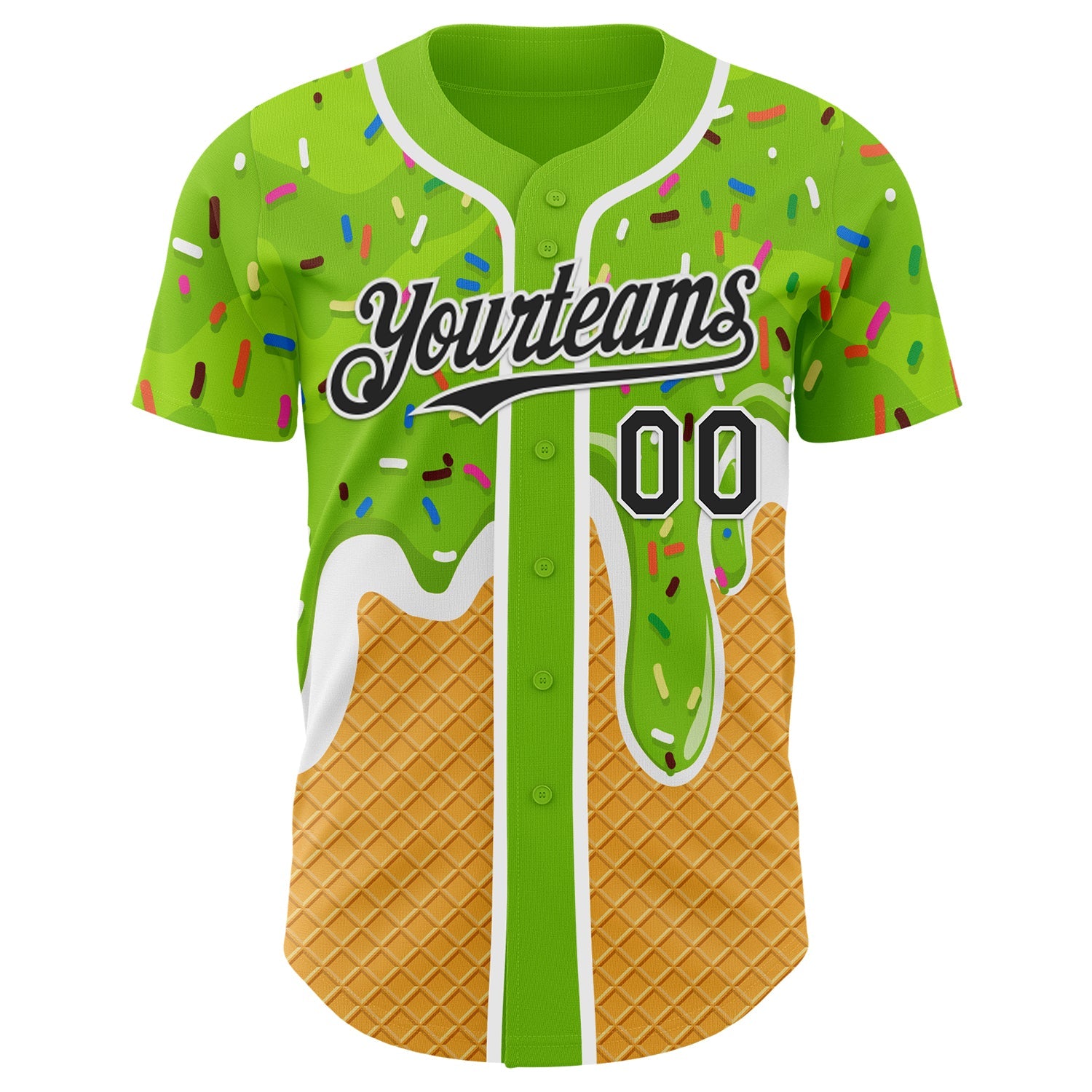 Custom Neon Green Black Yellow-White Foodie Food Dessert Melting Cream Waffle Grid Authentic Baseball Jersey view 2