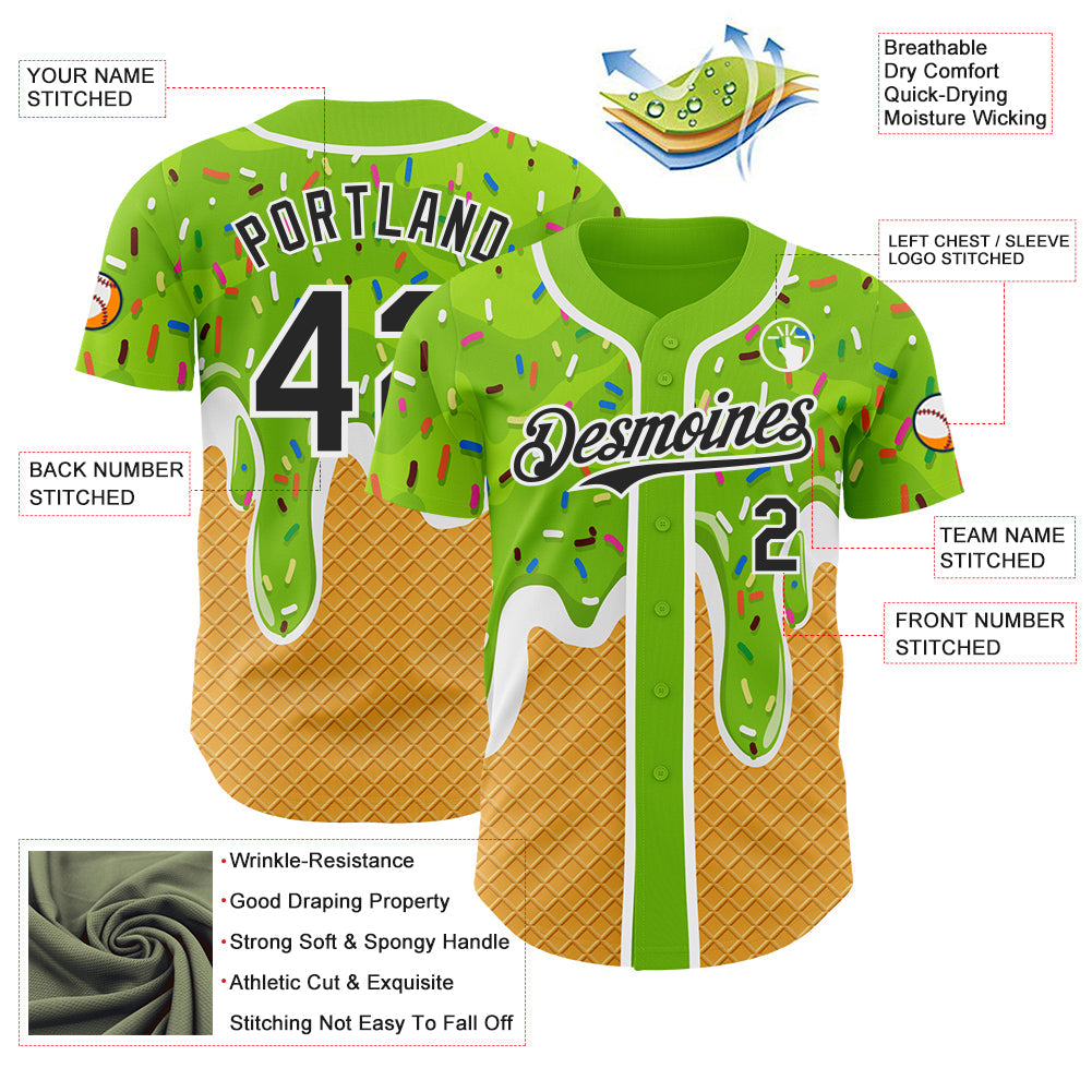 Custom Neon Green Black Yellow-White Foodie Food Dessert Melting Cream Waffle Grid Authentic Baseball Jersey view 3