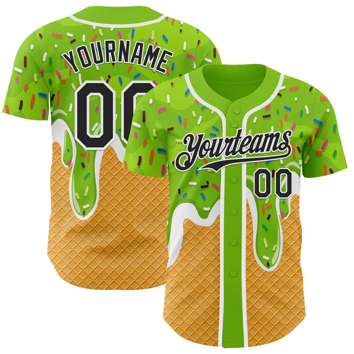 Custom Neon Green Black Yellow-White Foodie Food Dessert Melting Cream Waffle Grid Authentic Baseball Jersey - Main View