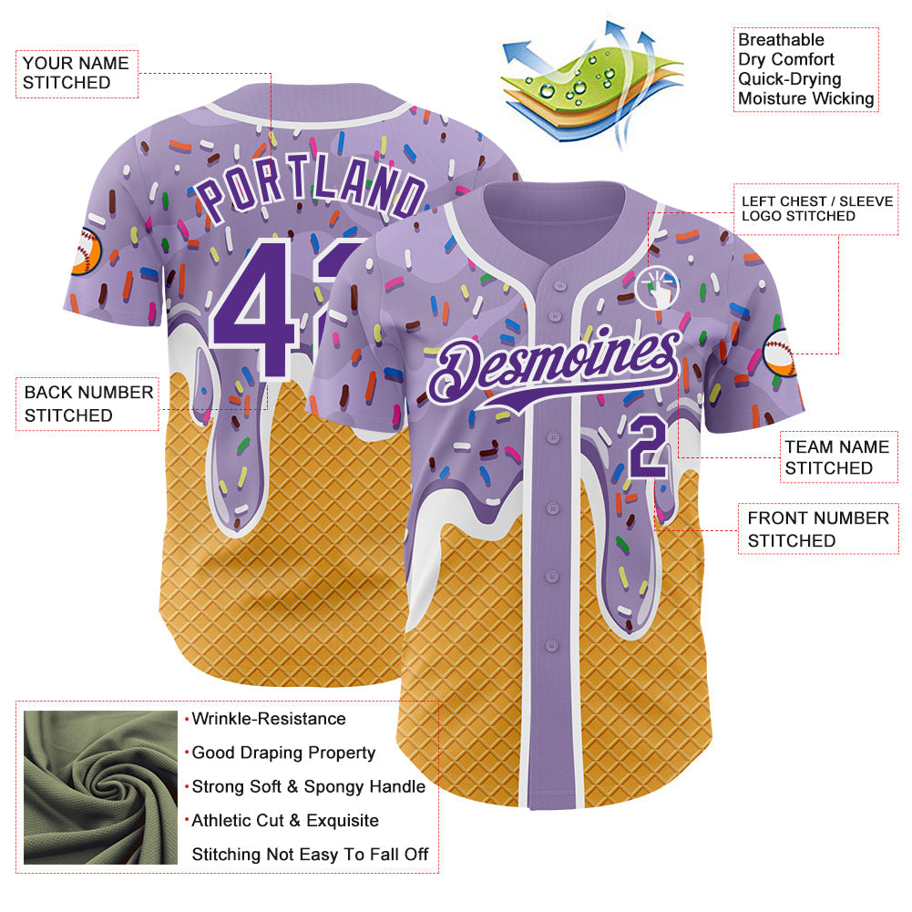 Custom Light Purple Purple Yellow-White Foodie Food Dessert Melting Cream Waffle Grid Authentic Baseball Jersey view 3