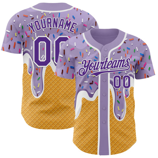 Custom Light Purple Purple Yellow-White Foodie Food Dessert Melting Cream Waffle Grid Authentic Baseball Jersey - Main View