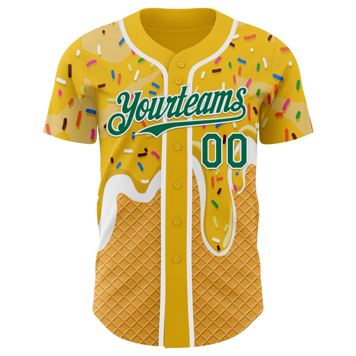 Custom Yellow Kelly Green-White Foodie Food Dessert Melting Cream Waffle Grid Authentic Baseball Jersey view 2