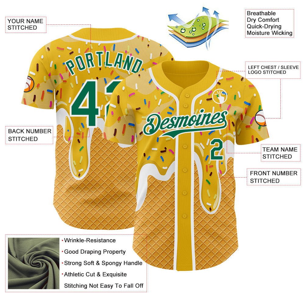Custom Yellow Kelly Green-White Foodie Food Dessert Melting Cream Waffle Grid Authentic Baseball Jersey view 3