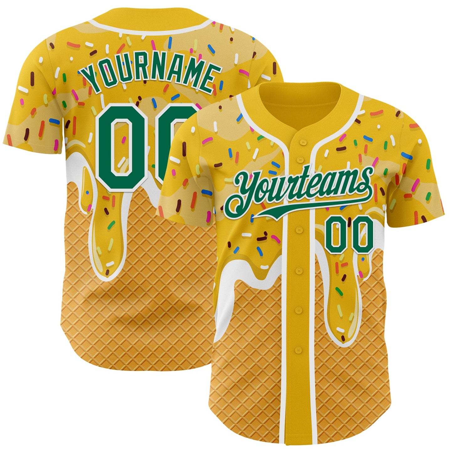 Custom Yellow Kelly Green-White Foodie Food Dessert Melting Cream Waffle Grid Authentic Baseball Jersey - Main View
