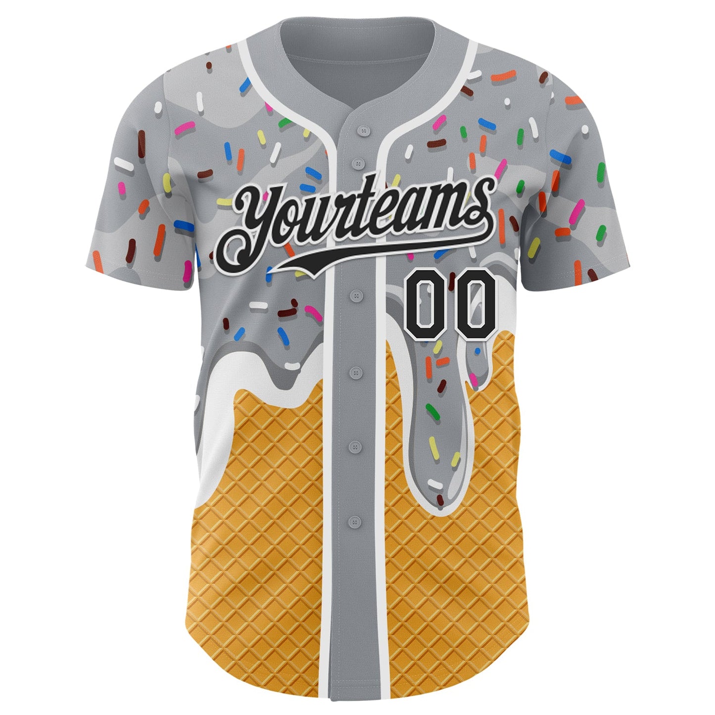 Custom Gray Black Yellow-White Foodie Food Dessert Melting Cream Waffle Grid Authentic Baseball Jersey view 2