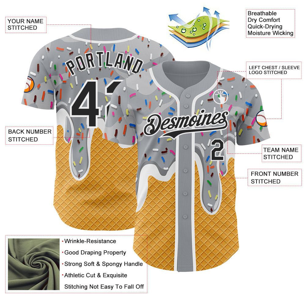 Custom Gray Black Yellow-White Foodie Food Dessert Melting Cream Waffle Grid Authentic Baseball Jersey view 3