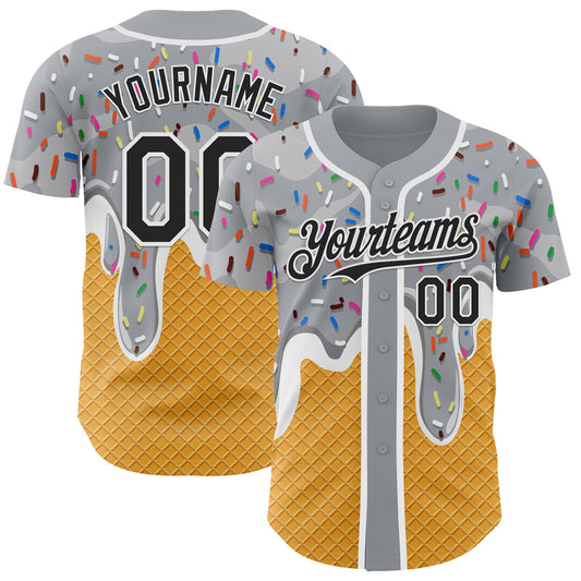 Custom Gray Black Yellow-White Foodie Food Dessert Melting Cream Waffle Grid Authentic Baseball Jersey - Main View
