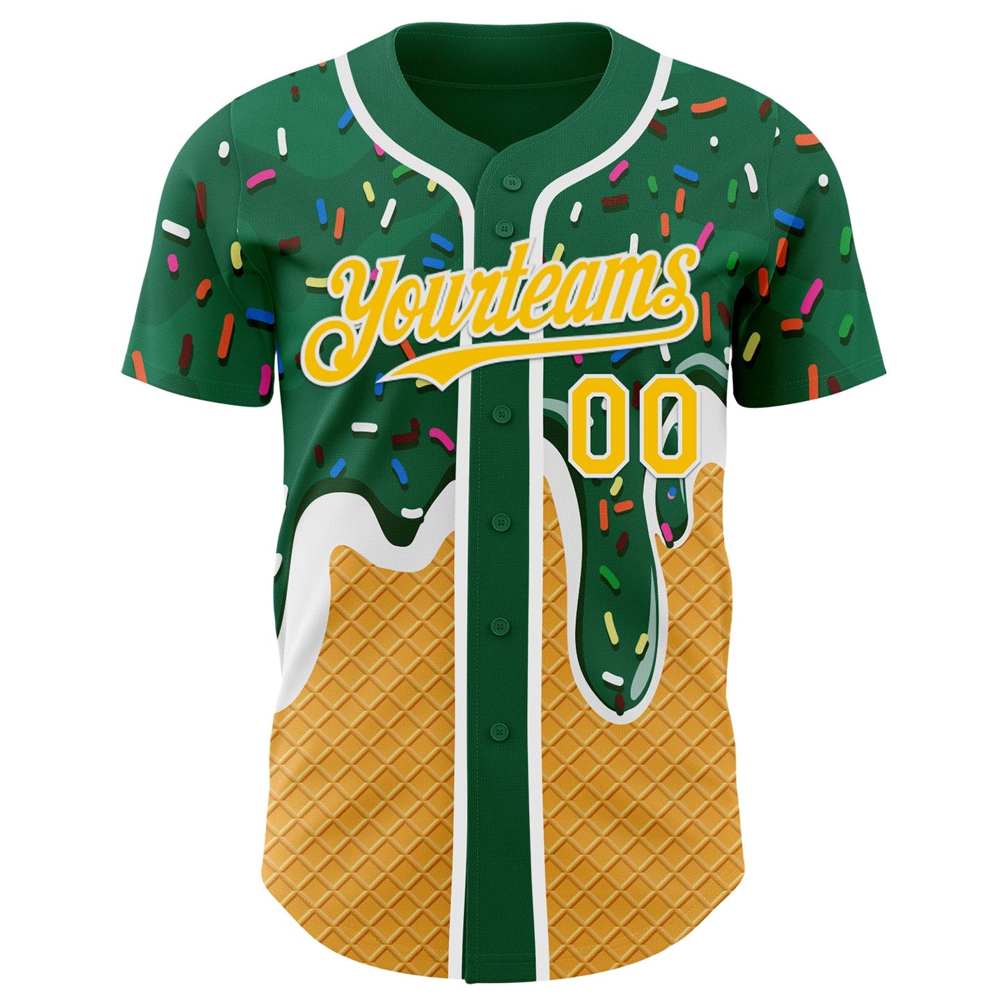 Custom Green Yellow-White Foodie Food Dessert Melting Cream Waffle Grid Authentic Baseball Jersey view 2