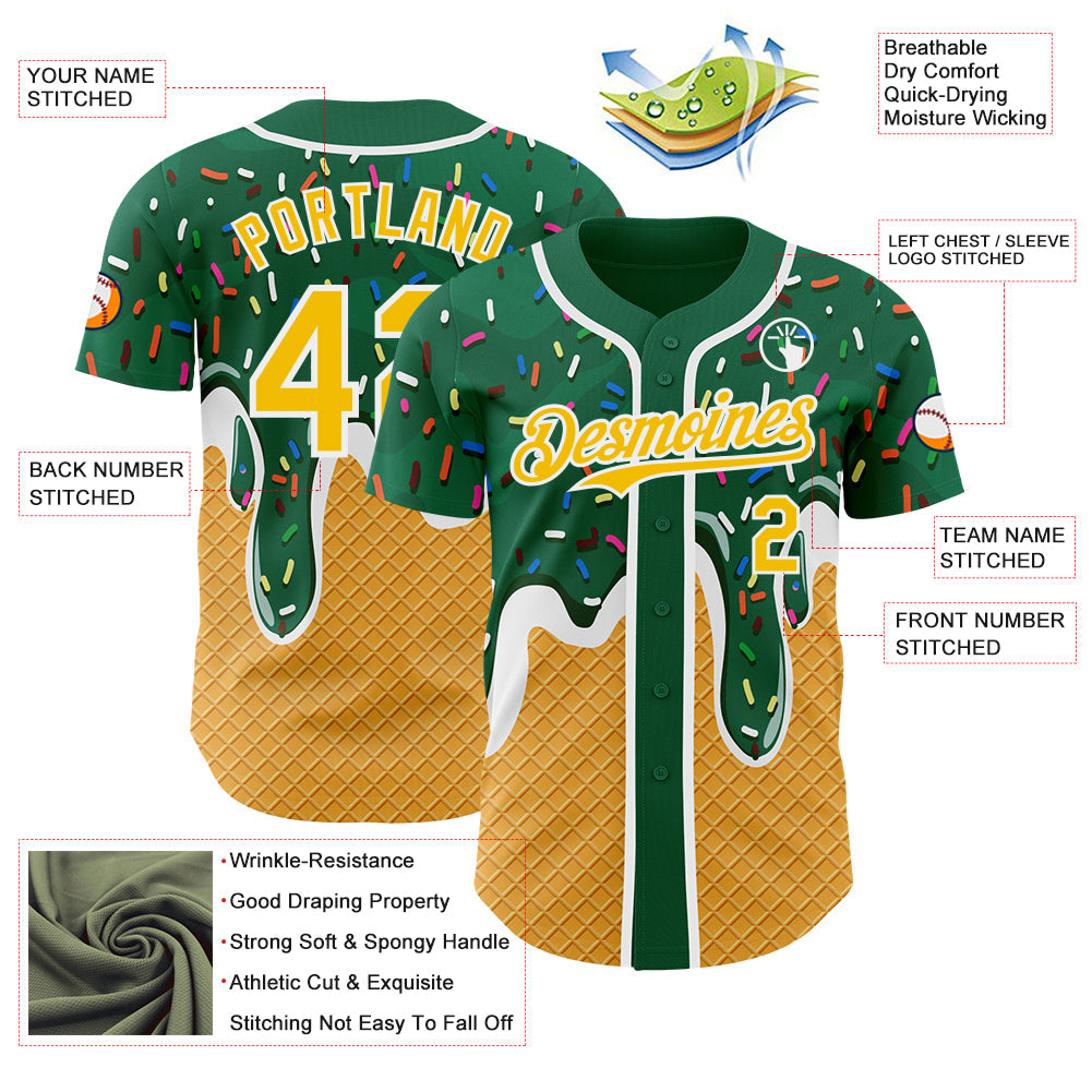 Custom Green Yellow-White Foodie Food Dessert Melting Cream Waffle Grid Authentic Baseball Jersey view 3