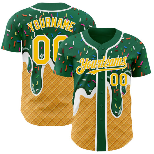 Custom Green Yellow-White Foodie Food Dessert Melting Cream Waffle Grid Authentic Baseball Jersey - Main View