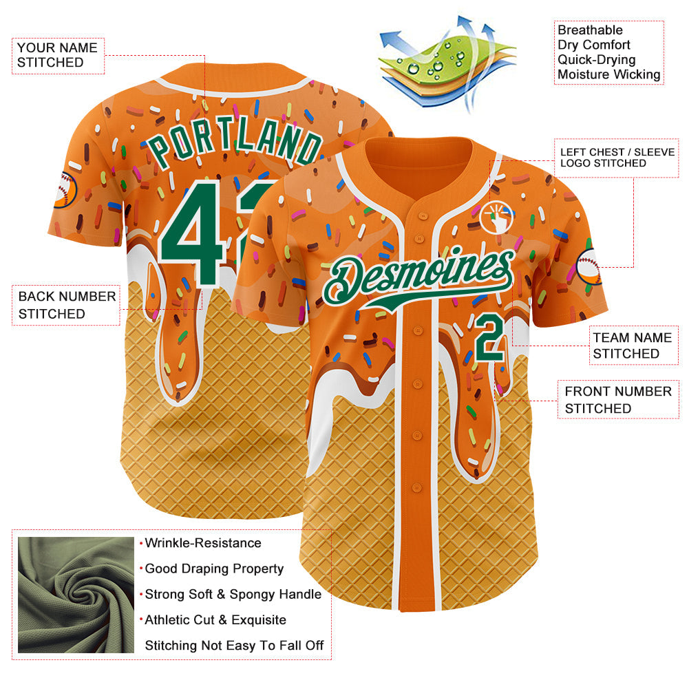 Custom Bay Orange Kelly Green Yellow-White Foodie Food Dessert Melting Cream Waffle Grid Authentic Baseball Jersey view 3
