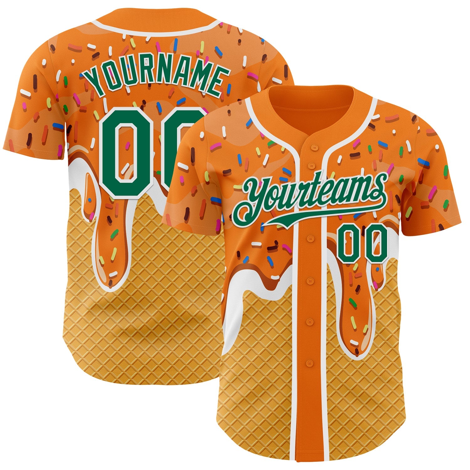 Custom Bay Orange Kelly Green Yellow-White Foodie Food Dessert Melting Cream Waffle Grid Authentic Baseball Jersey - Main View