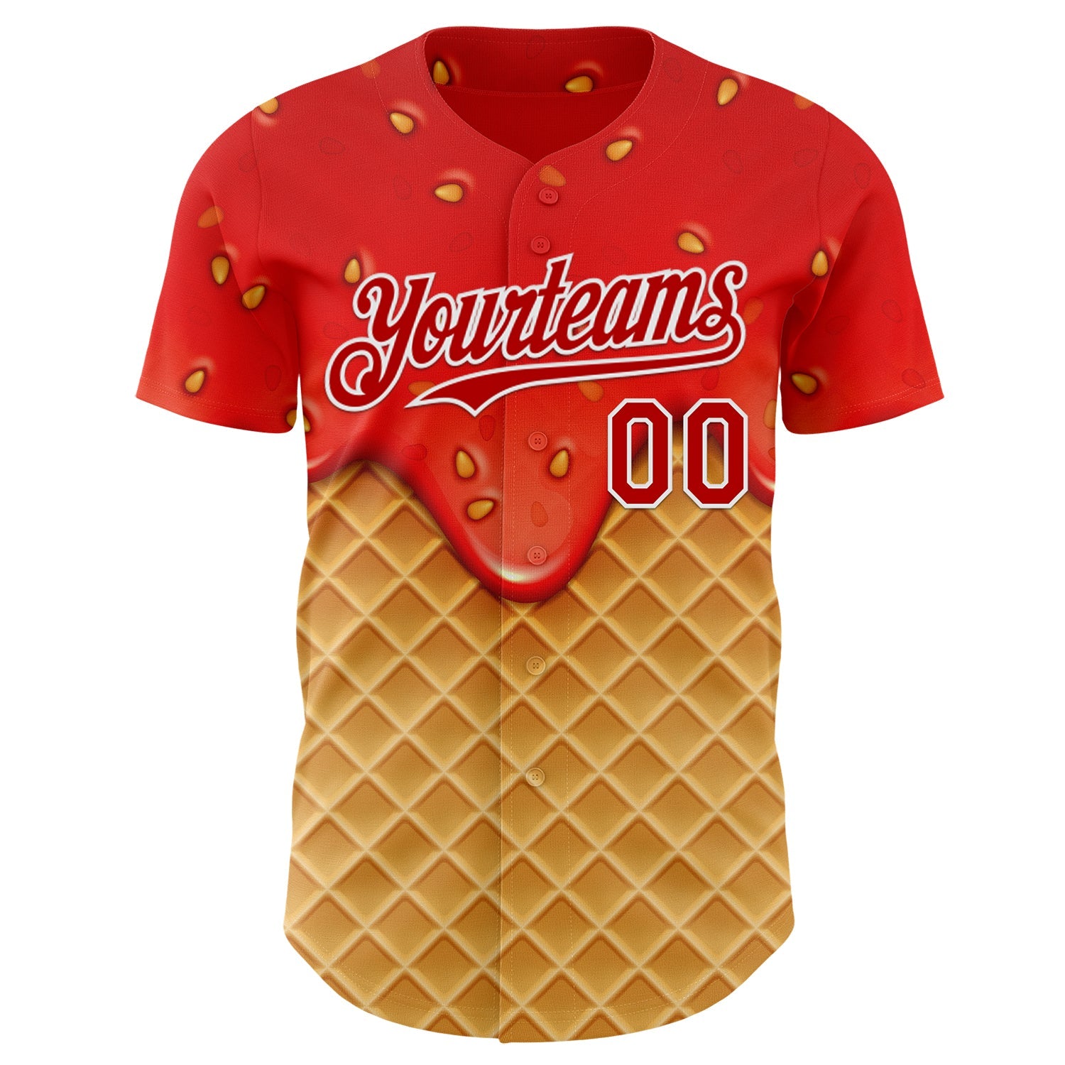 Custom Red Yellow-White Foodie Food Dessert Melting Cream Waffle Grid Authentic Baseball Jersey view 2