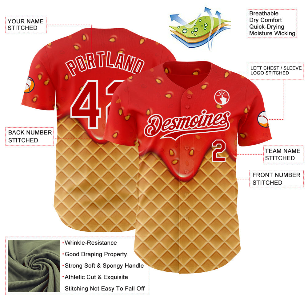 Custom Red Yellow-White Foodie Food Dessert Melting Cream Waffle Grid Authentic Baseball Jersey view 3