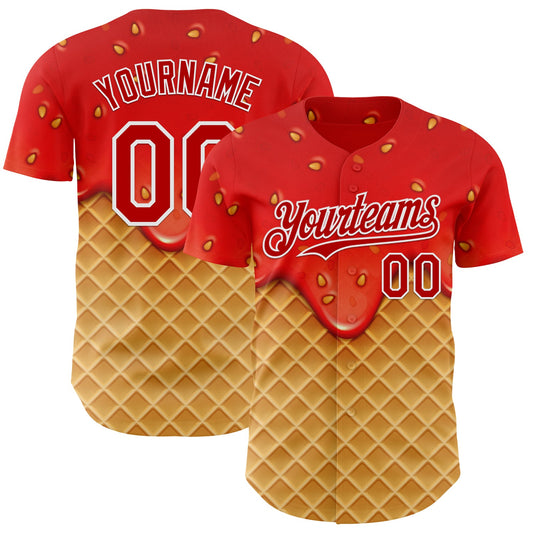 Custom Red Yellow-White Foodie Food Dessert Melting Cream Waffle Grid Authentic Baseball Jersey - Main View