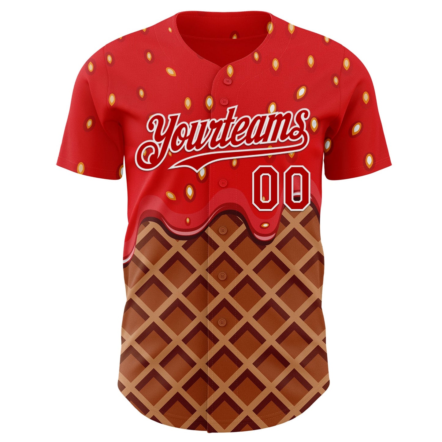 Custom Red Brown-White Foodie Food Dessert Melting Cream Waffle Grid Authentic Baseball Jersey view 2