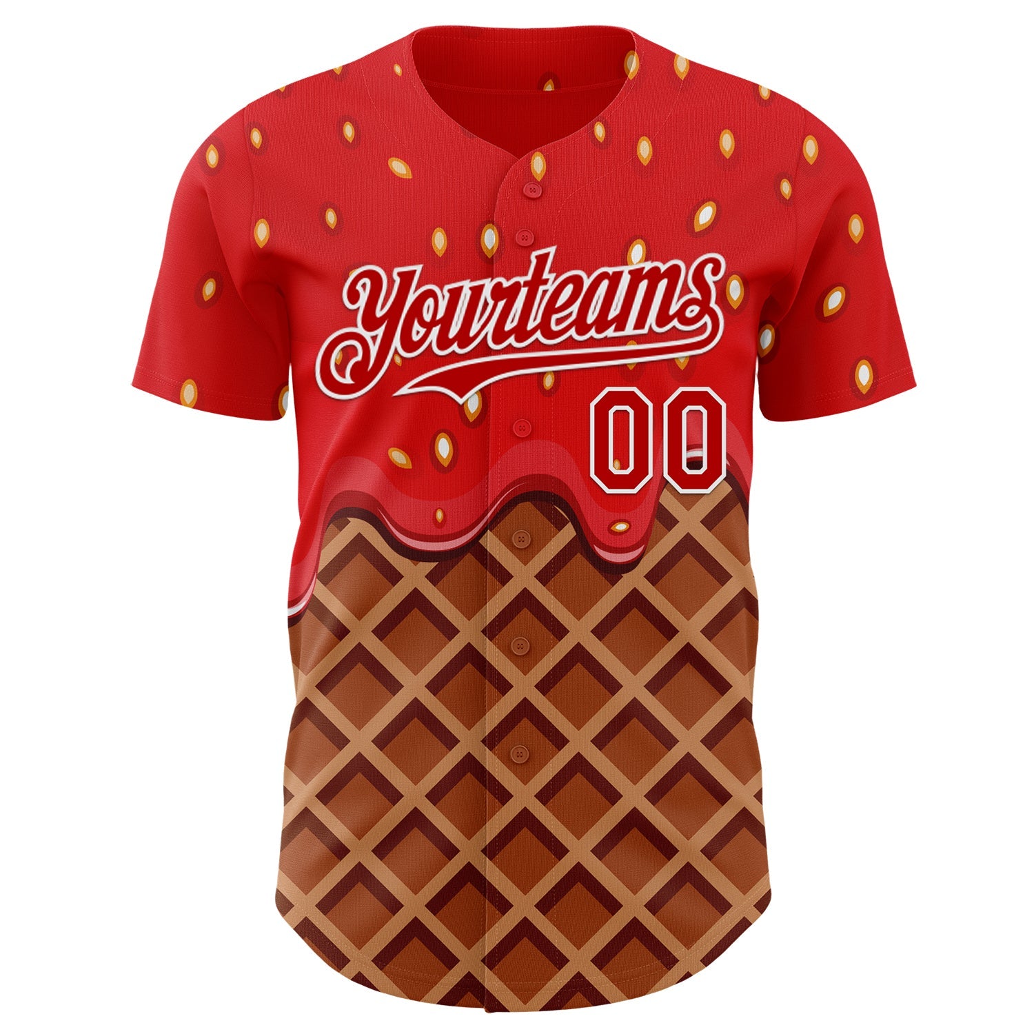 Custom Red Brown-White Foodie Food Dessert Melting Cream Waffle Grid Authentic Baseball Jersey view 2