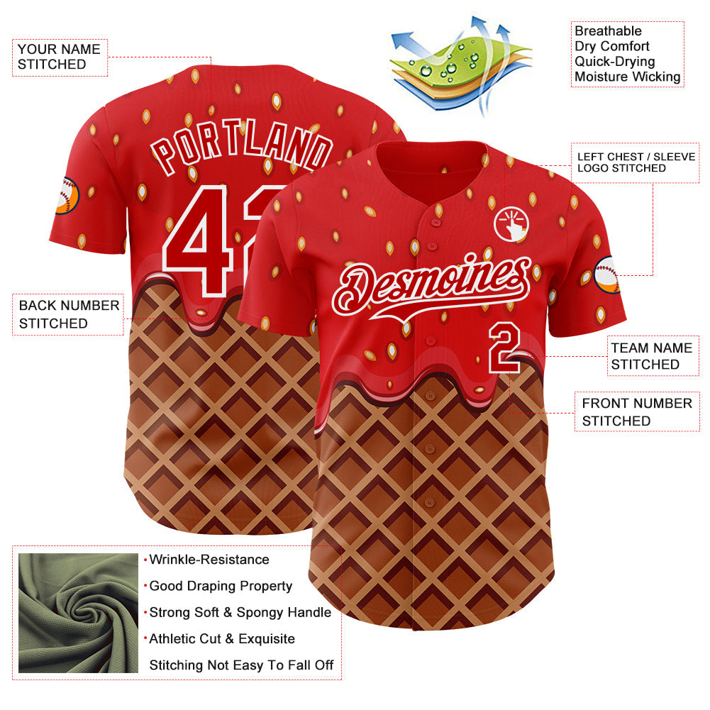 Custom Red Brown-White Foodie Food Dessert Melting Cream Waffle Grid Authentic Baseball Jersey view 3