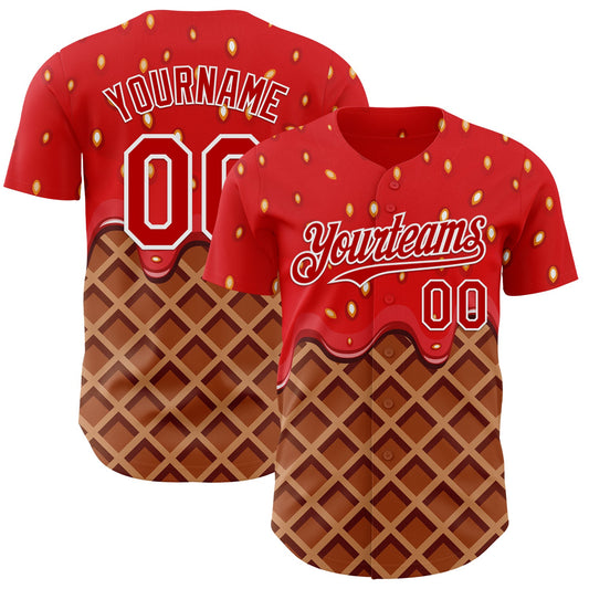 Custom Red Brown-White Foodie Food Dessert Melting Cream Waffle Grid Authentic Baseball Jersey - Main View