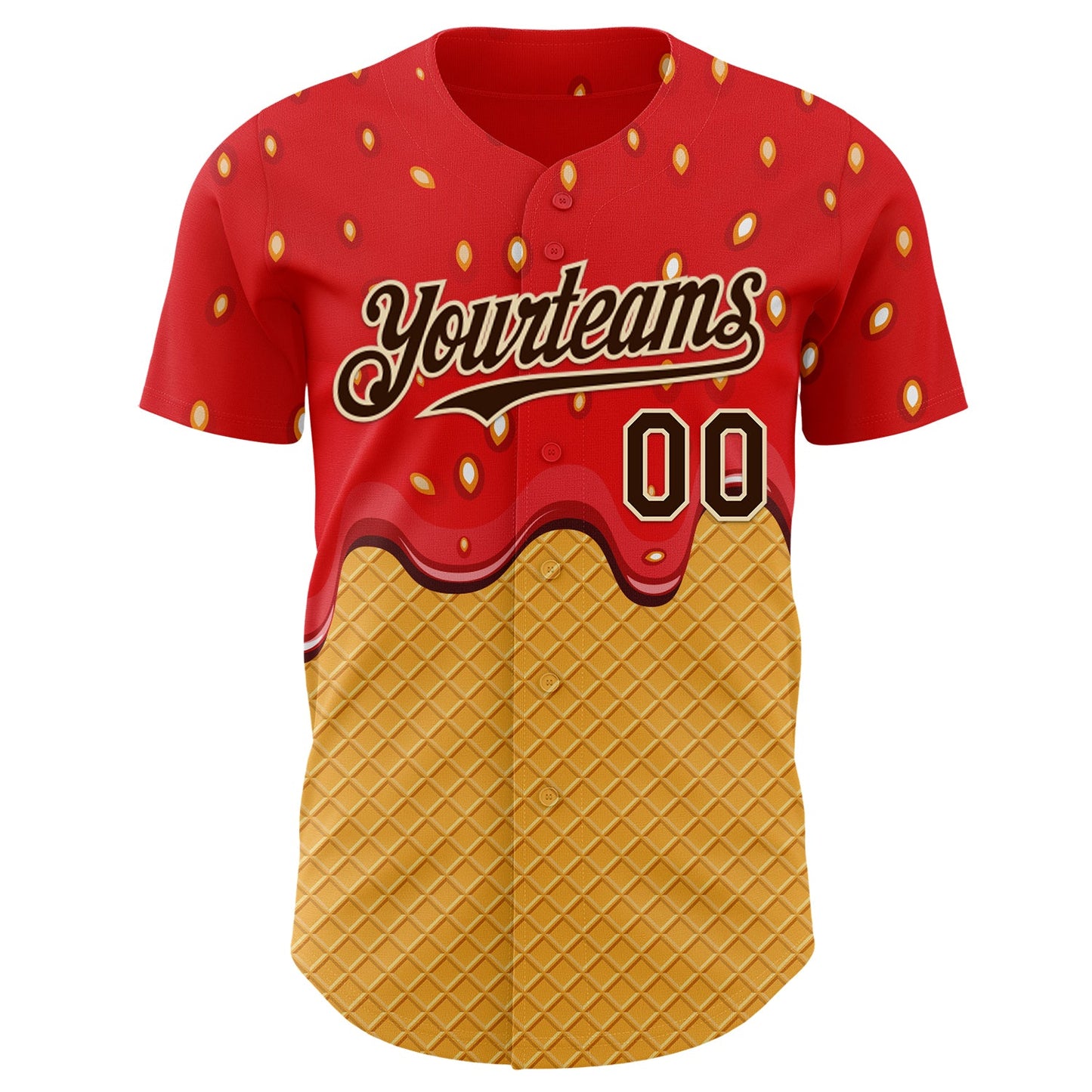 Custom Red Brown Yellow-Cream Foodie Food Dessert Melting Cream Waffle Grid Authentic Baseball Jersey view 2