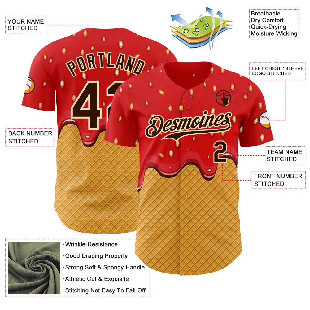 Custom Red Brown Yellow-Cream Foodie Food Dessert Melting Cream Waffle Grid Authentic Baseball Jersey view 3