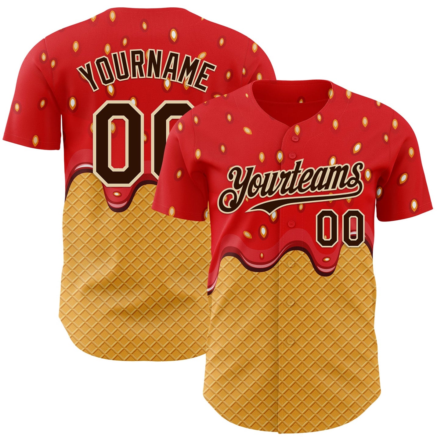 Custom Red Brown Yellow-Cream Foodie Food Dessert Melting Cream Waffle Grid Authentic Baseball Jersey - Main View