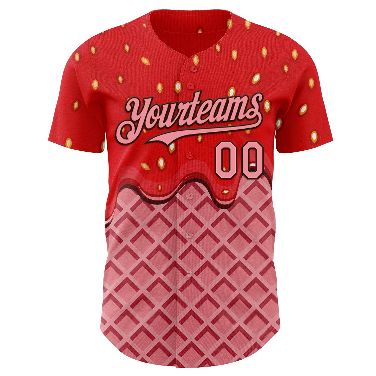 Custom Red Medium Pink-Brown Foodie Food Dessert Melting Cream Waffle Grid Authentic Baseball Jersey view 2