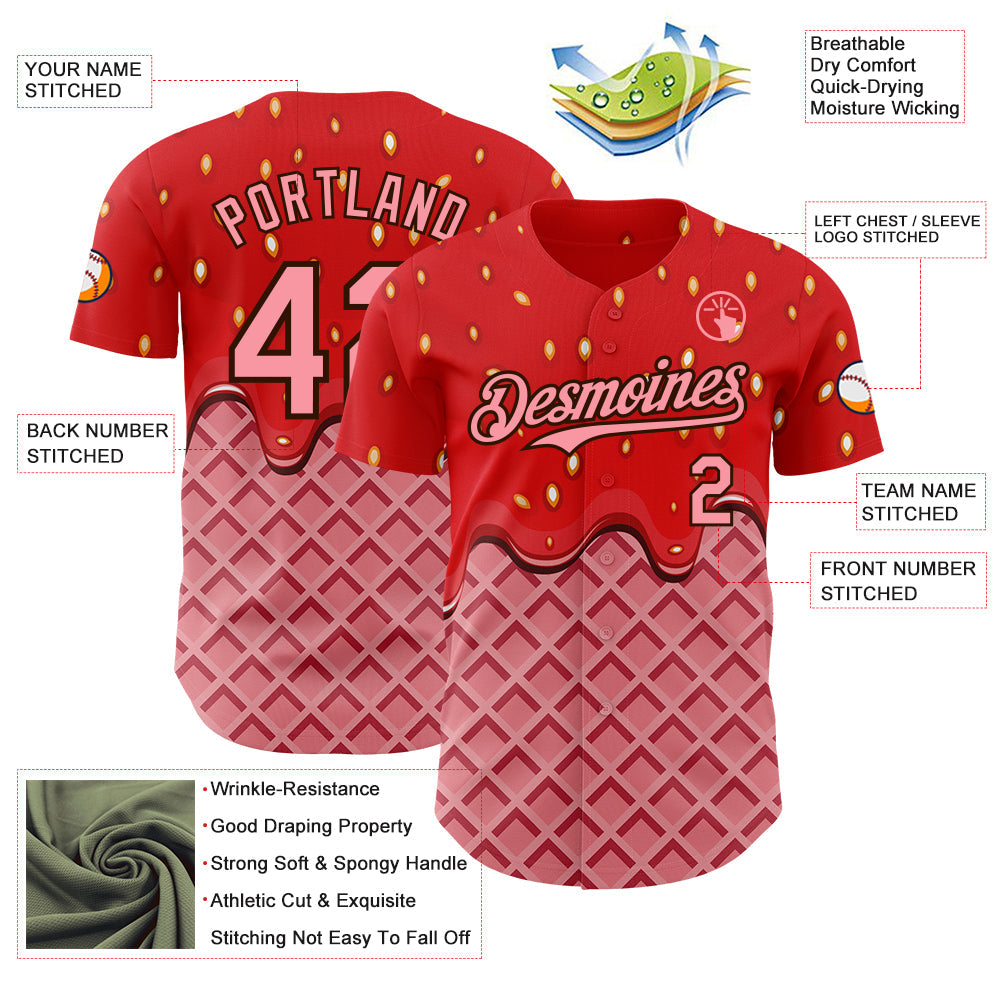 Custom Red Medium Pink-Brown Foodie Food Dessert Melting Cream Waffle Grid Authentic Baseball Jersey view 3