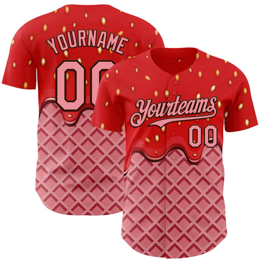 Custom Red Medium Pink-Brown Foodie Food Dessert Melting Cream Waffle Grid Authentic Baseball Jersey - Main View