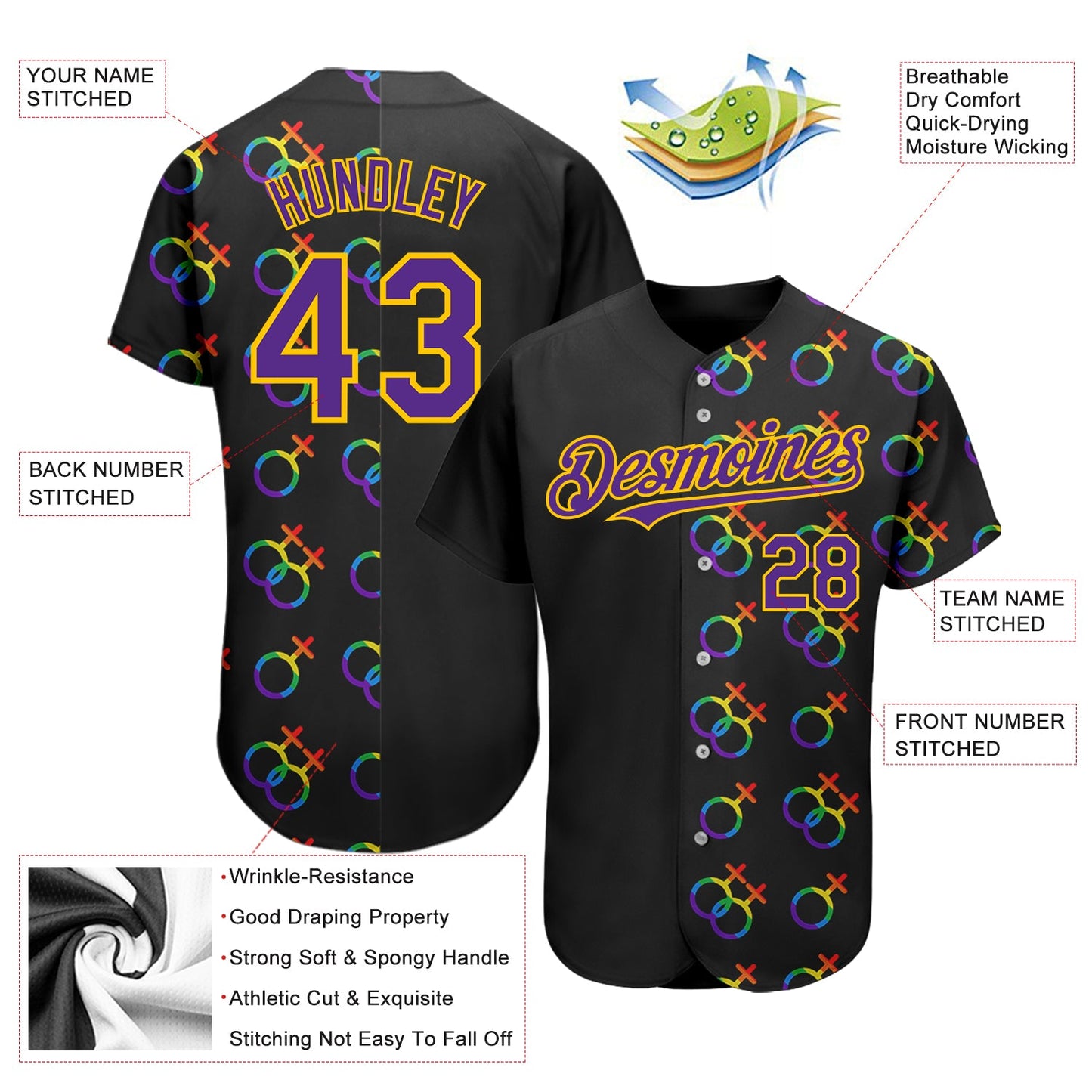 Custom Rainbow For Pride Month Love Is Love LGBT 3D Authentic Baseball Jersey view 3