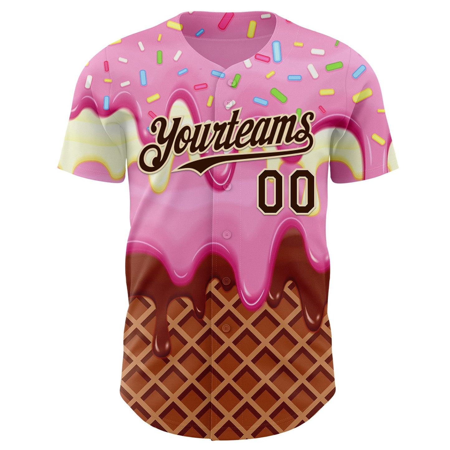Custom Light Pink Brown-Cream Foodie Food Dessert Melting Cream Waffle Grid Authentic Baseball Jersey view 2